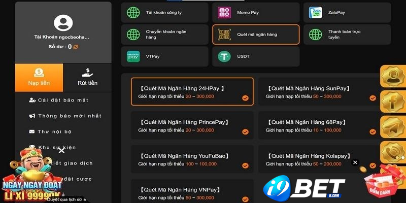 Hướng dẫn nạp tiền I9BET cực đơn giản